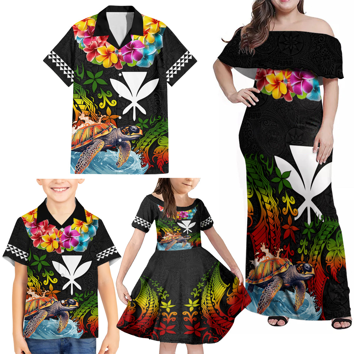 Hawaii Lei Day Family Matching Off Shoulder Maxi Dress and Hawaiian Shirt Hibiscus Wreath and Polynesian Pattern LT03 - Polynesian Pride