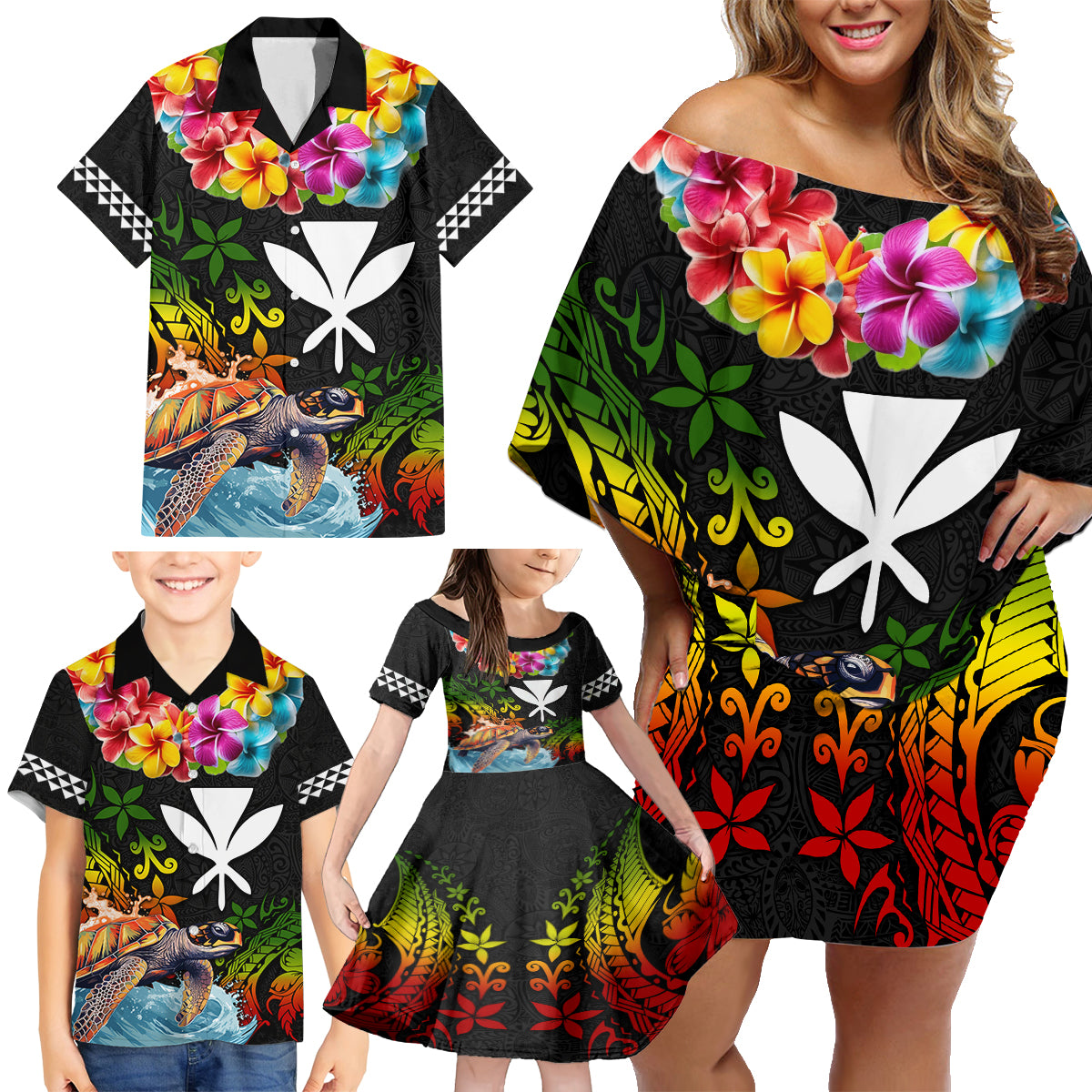 Hawaii Lei Day Family Matching Off Shoulder Short Dress and Hawaiian Shirt Hibiscus Wreath and Polynesian Pattern LT03 - Polynesian Pride
