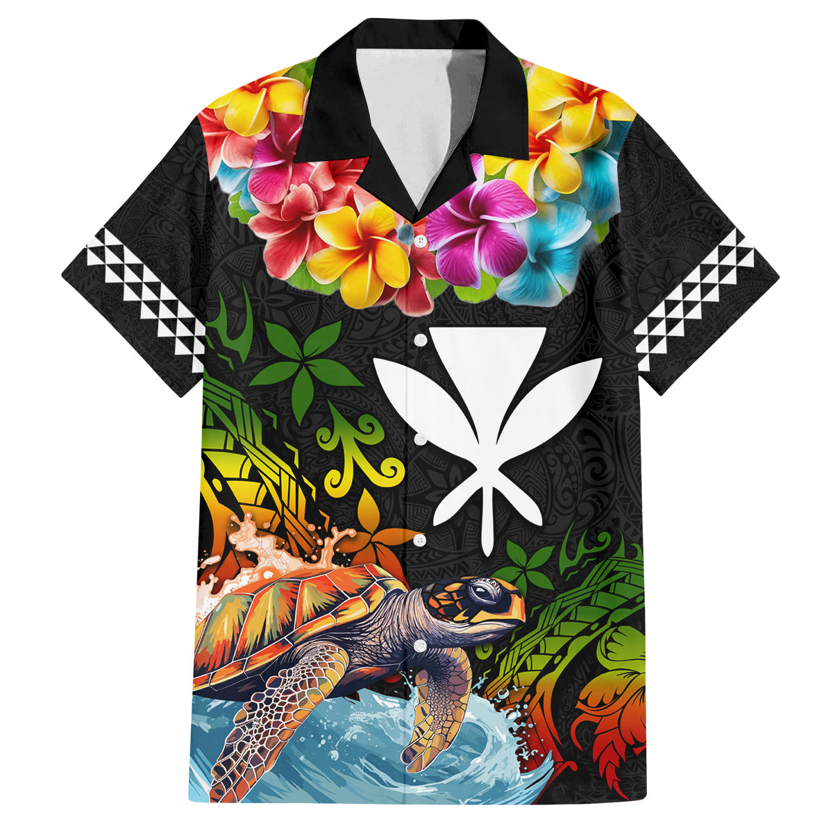 Hawaii Lei Day Family Matching Off Shoulder Short Dress and Hawaiian Shirt Hibiscus Wreath and Polynesian Pattern LT03 Dad's Shirt - Short Sleeve Black - Polynesian Pride