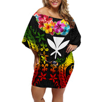 Hawaii Lei Day Family Matching Off Shoulder Short Dress and Hawaiian Shirt Hibiscus Wreath and Polynesian Pattern LT03 Mom's Dress Black - Polynesian Pride