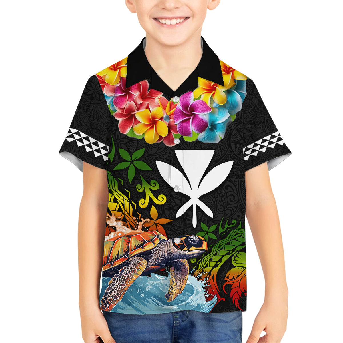 Hawaii Lei Day Family Matching Off Shoulder Short Dress and Hawaiian Shirt Hibiscus Wreath and Polynesian Pattern LT03 Son's Shirt Black - Polynesian Pride