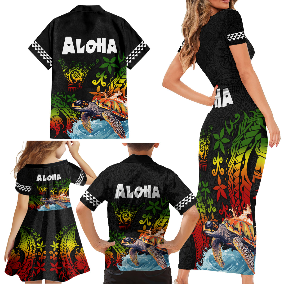 Hawaii Lei Day Family Matching Short Sleeve Bodycon Dress and Hawaiian Shirt Hibiscus Wreath and Polynesian Pattern