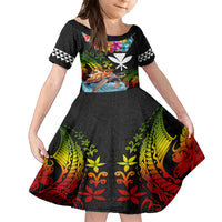 Hawaii Lei Day Kid Short Sleeve Dress Hibiscus Wreath and Polynesian Pattern