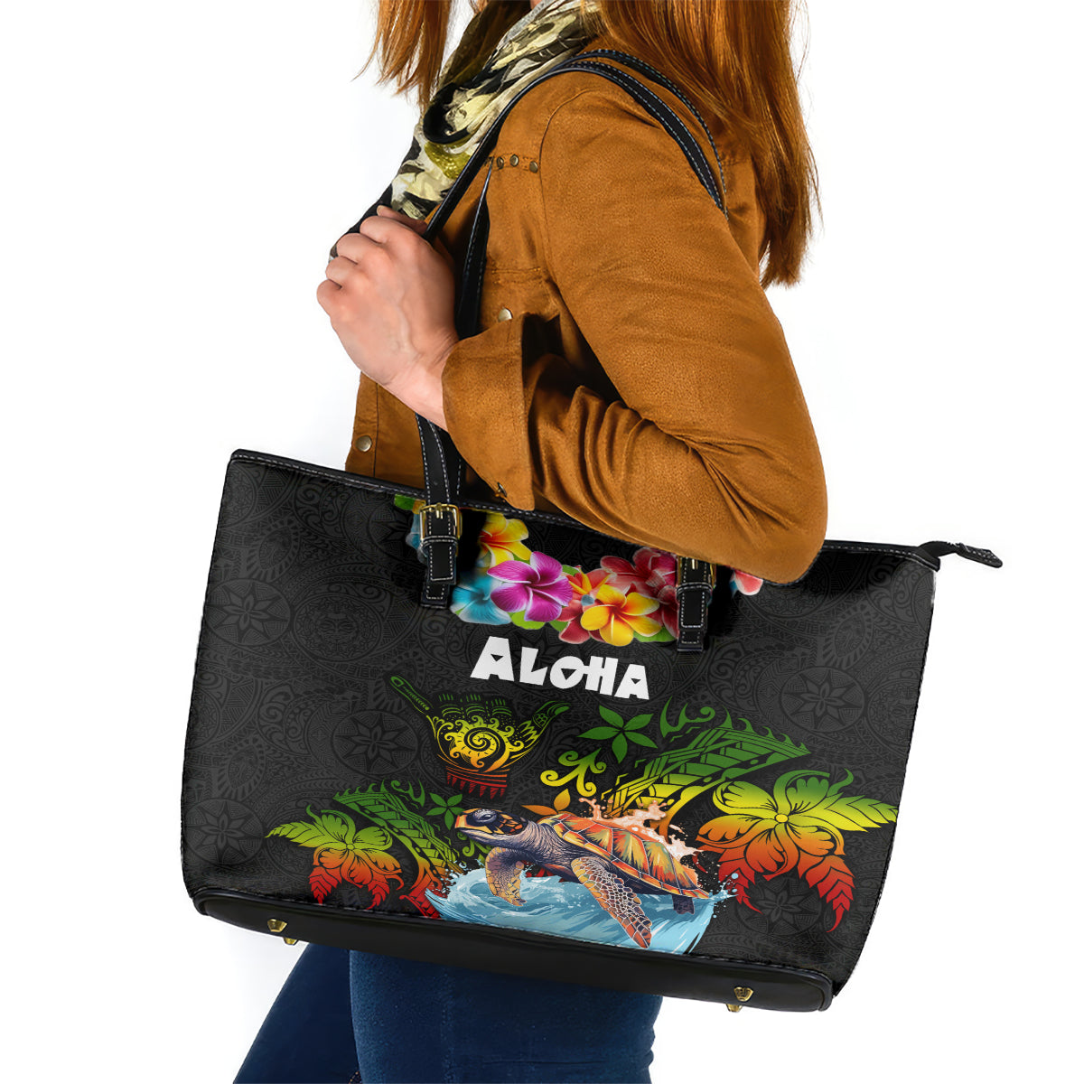 Hawaii Lei Day Leather Tote Bag Hibiscus Wreath and Polynesian Pattern LT03 Black - Polynesian Pride