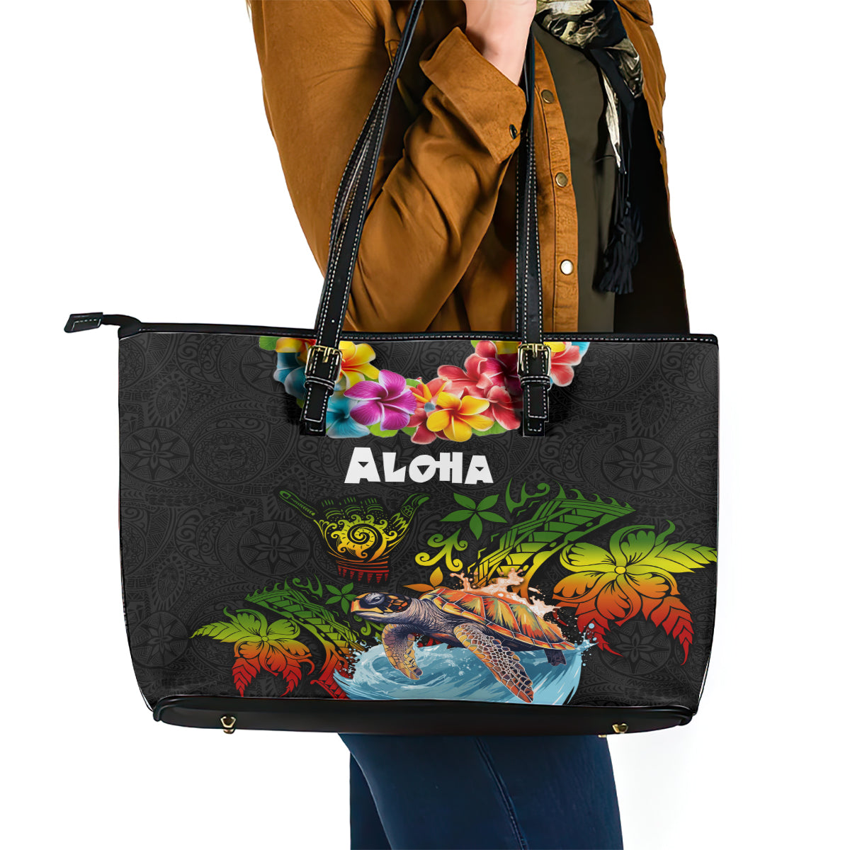 Hawaii Lei Day Leather Tote Bag Hibiscus Wreath and Polynesian Pattern