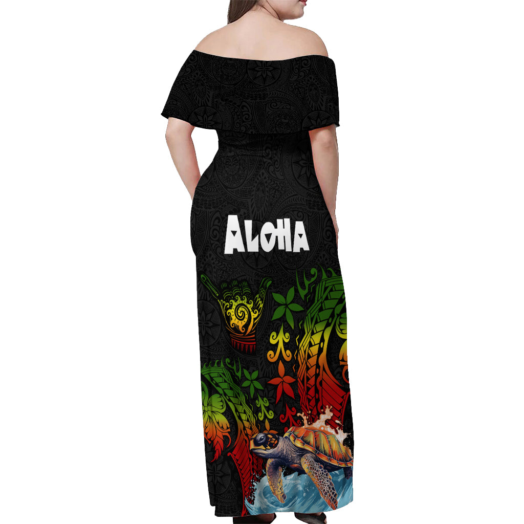 Hawaii Lei Day Off Shoulder Maxi Dress Hibiscus Wreath and Polynesian Pattern