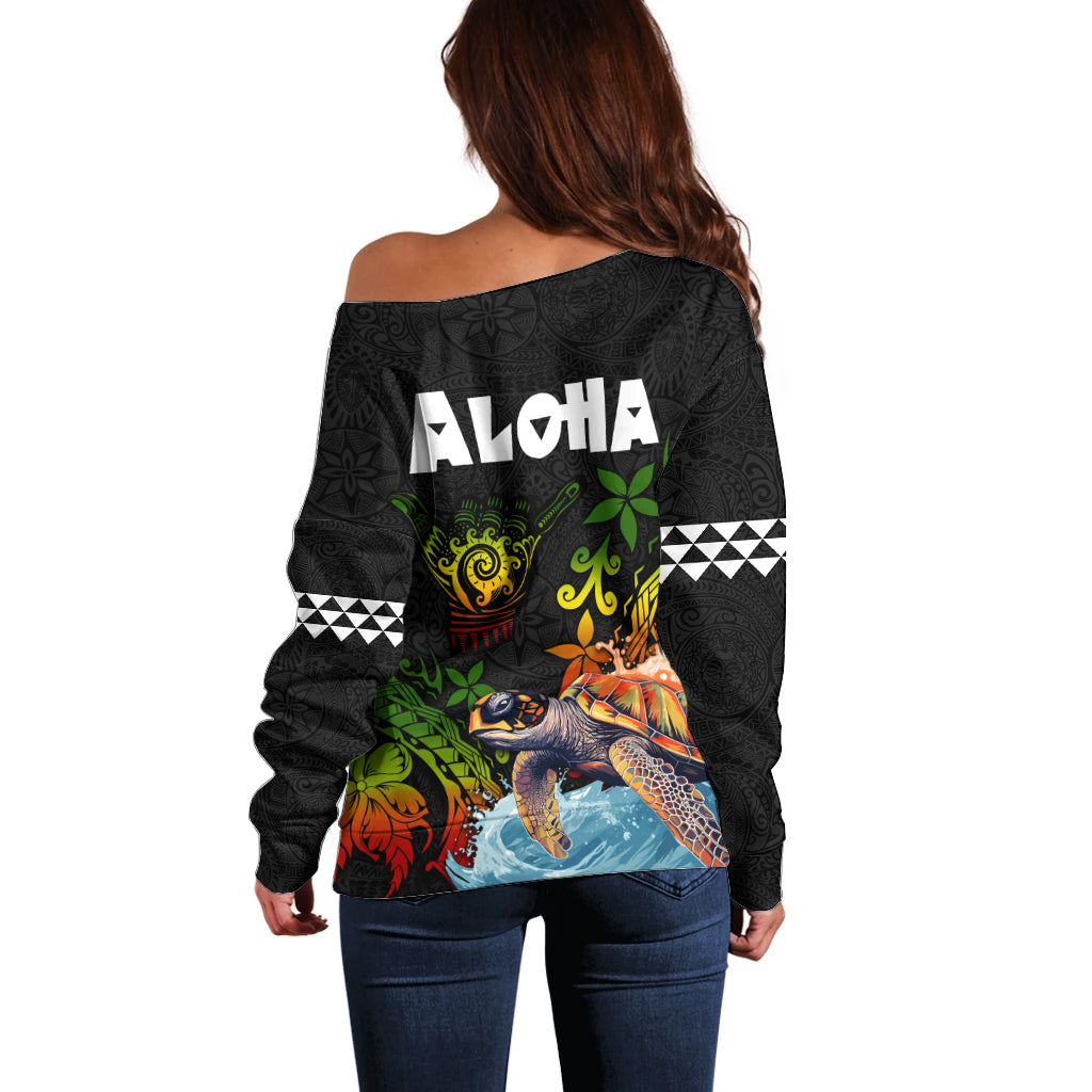 Hawaii Lei Day Off Shoulder Sweater Hibiscus Wreath and Polynesian Pattern