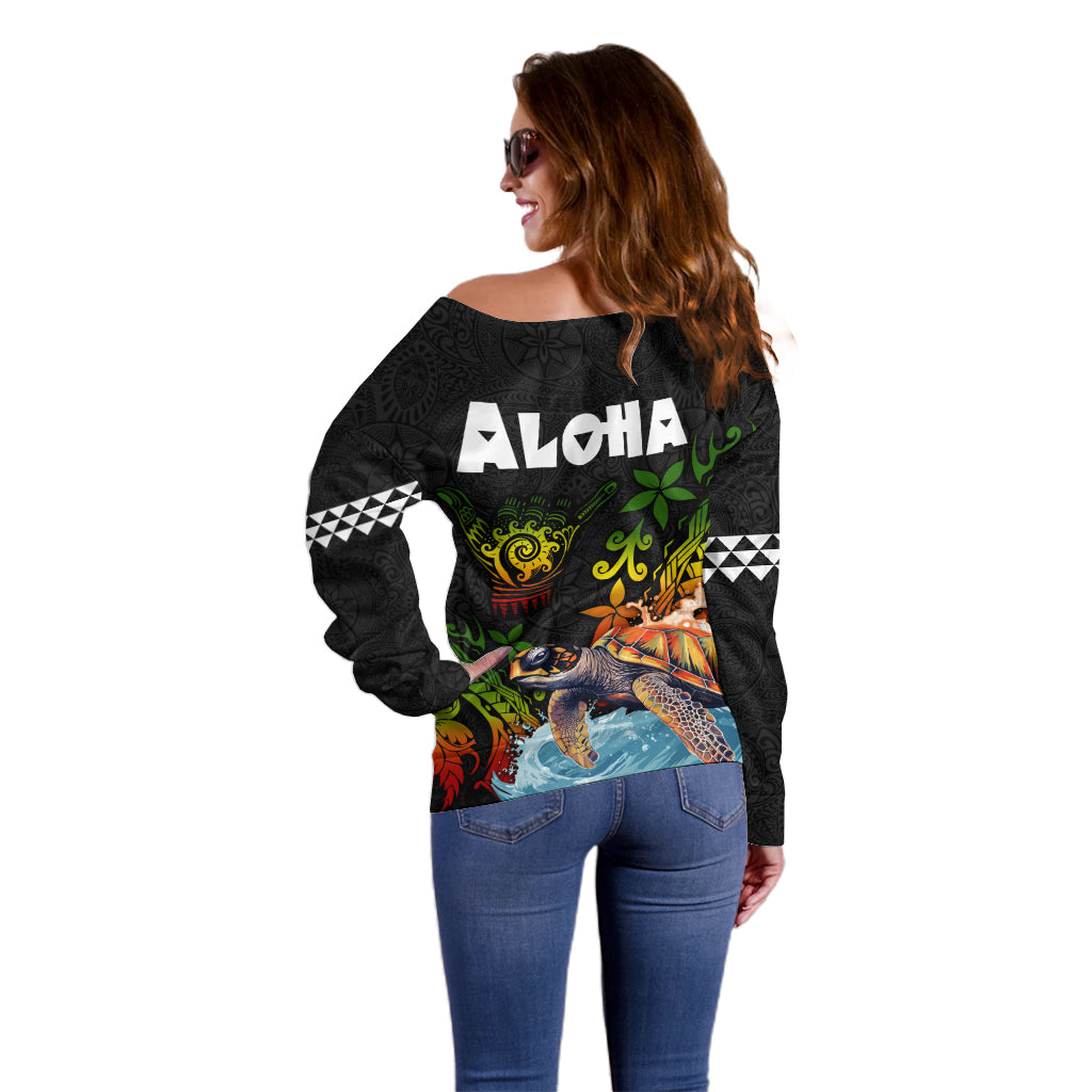 Hawaii Lei Day Off Shoulder Sweater Hibiscus Wreath and Polynesian Pattern