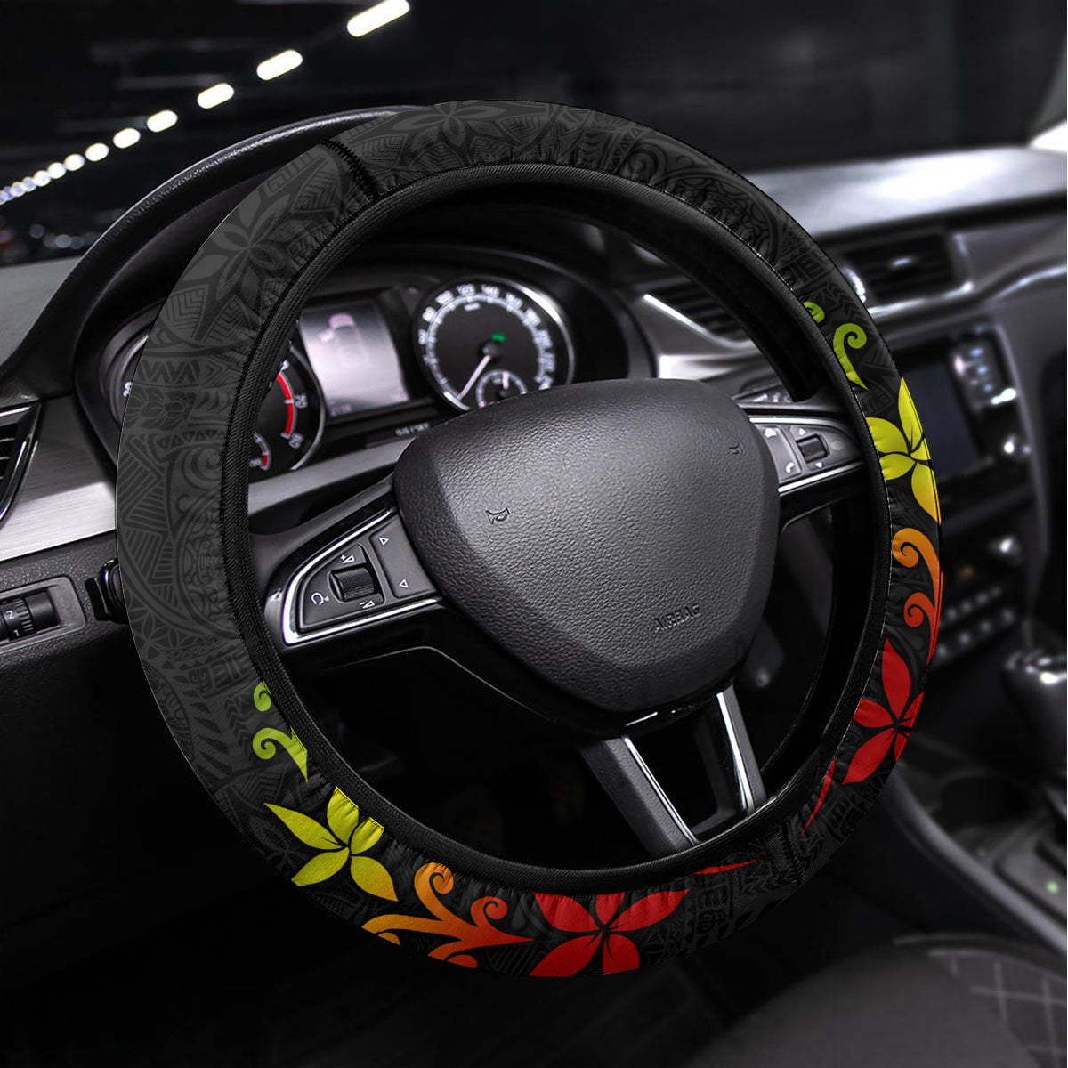 Hawaii Lei Day Steering Wheel Cover Hibiscus Wreath and Polynesian Pattern