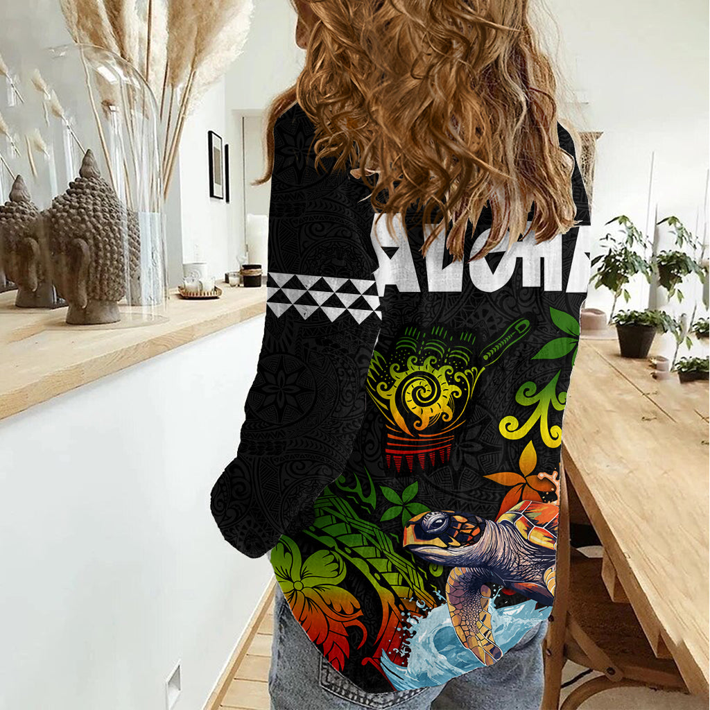 Hawaii Lei Day Women Casual Shirt Hibiscus Wreath and Polynesian Pattern