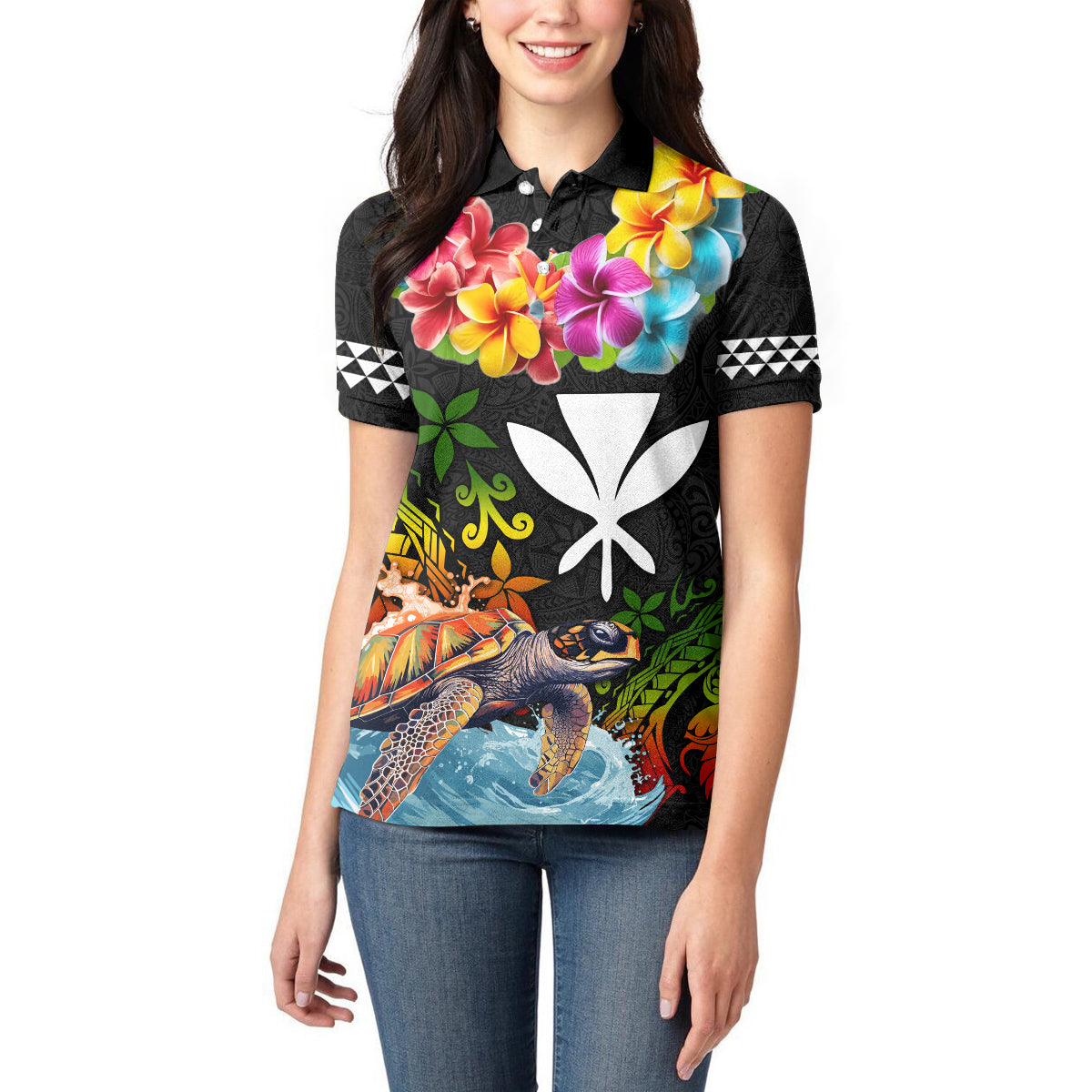 Hawaii Lei Day Women Polo Shirt Hibiscus Wreath and Polynesian Pattern