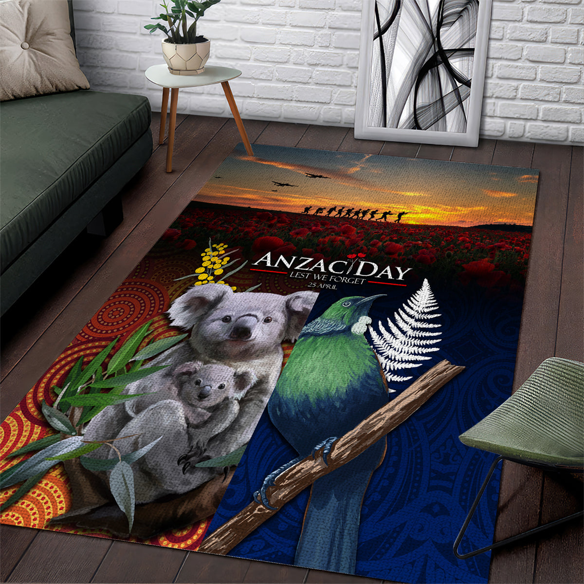 Australia and New Zealand ANZAC Day Area Rug Tui Bird and Koala mix Maori and Aboriginal Pattern