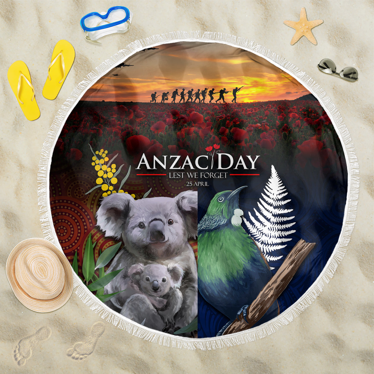 Australia and New Zealand ANZAC Day Beach Blanket Tui Bird and Koala mix Maori and Aboriginal Pattern