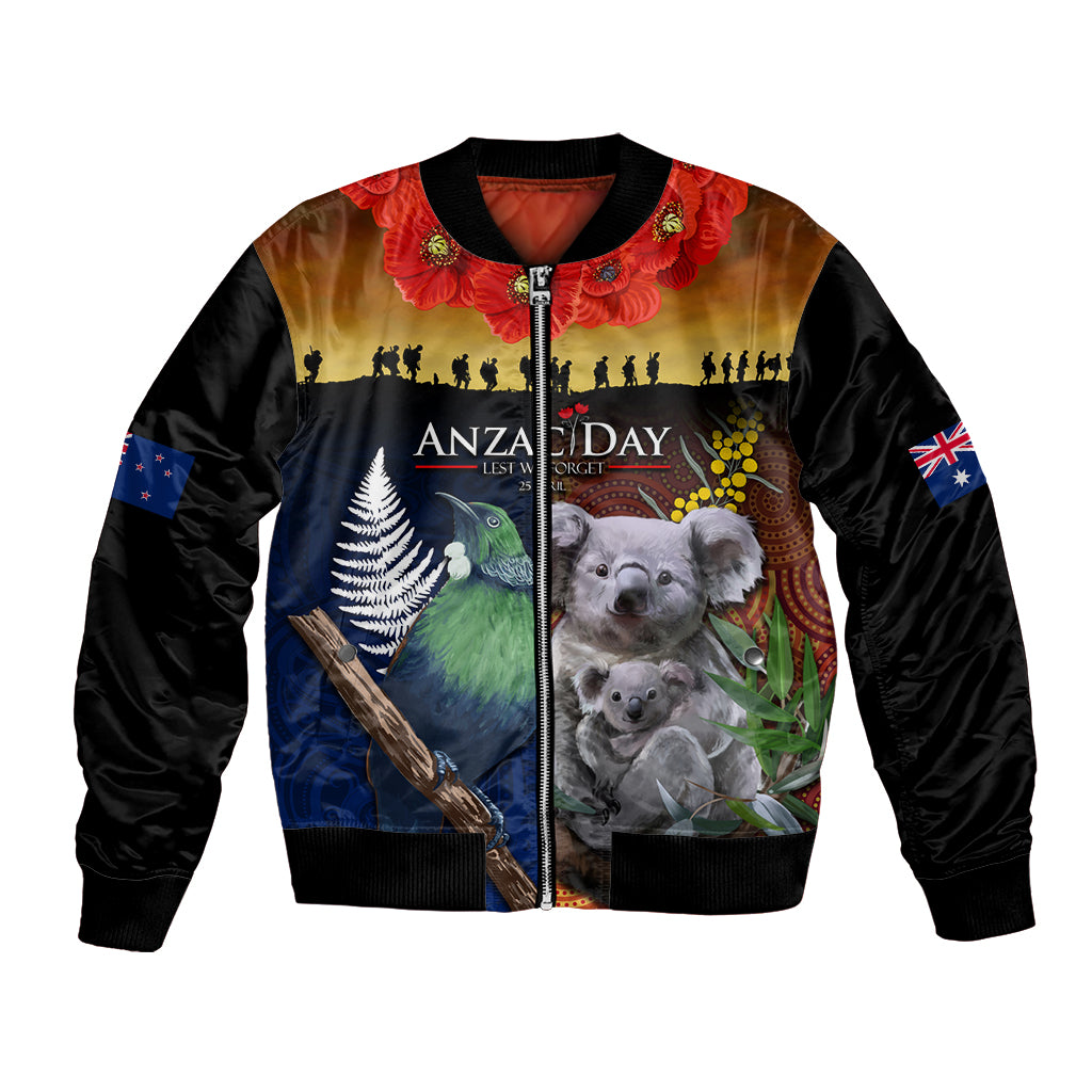 Australia and New Zealand ANZAC Day Bomber Jacket Tui Bird and Koala mix Maori and Aboriginal Pattern