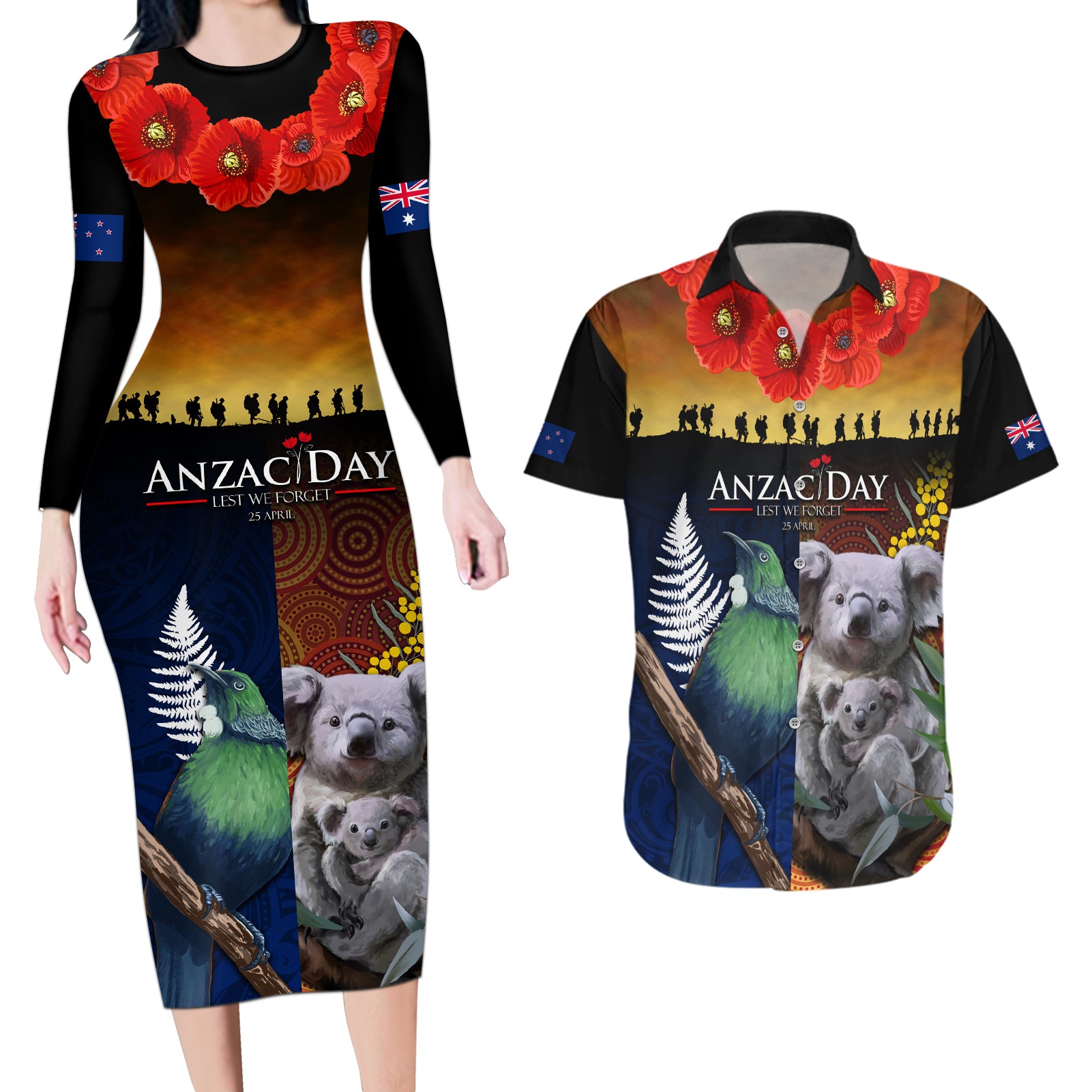 Australia and New Zealand ANZAC Day Couples Matching Long Sleeve Bodycon Dress and Hawaiian Shirt Tui Bird and Koala mix Maori and Aboriginal Pattern