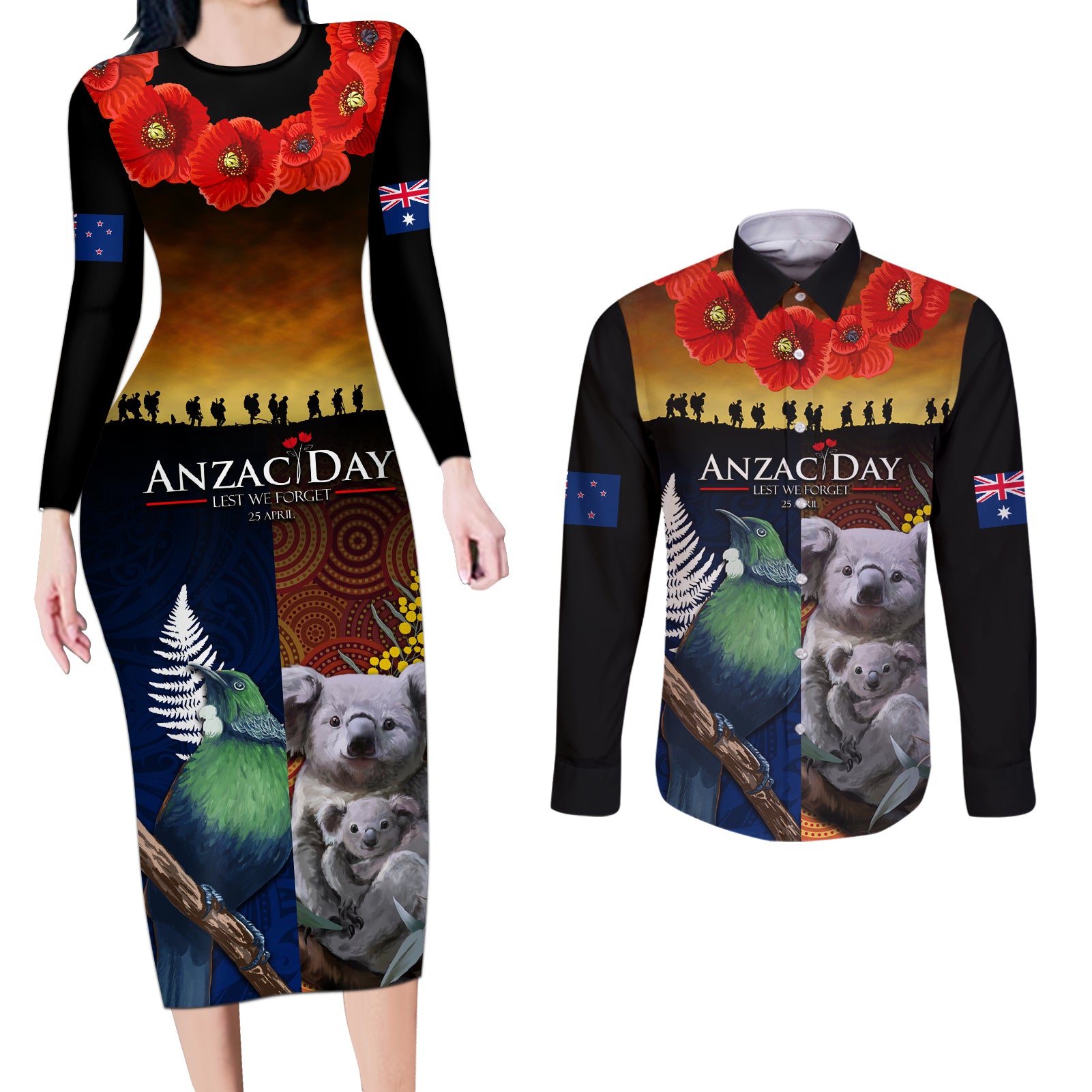 Australia and New Zealand ANZAC Day Couples Matching Long Sleeve Bodycon Dress and Long Sleeve Button Shirt Tui Bird and Koala mix Maori and Aboriginal Pattern