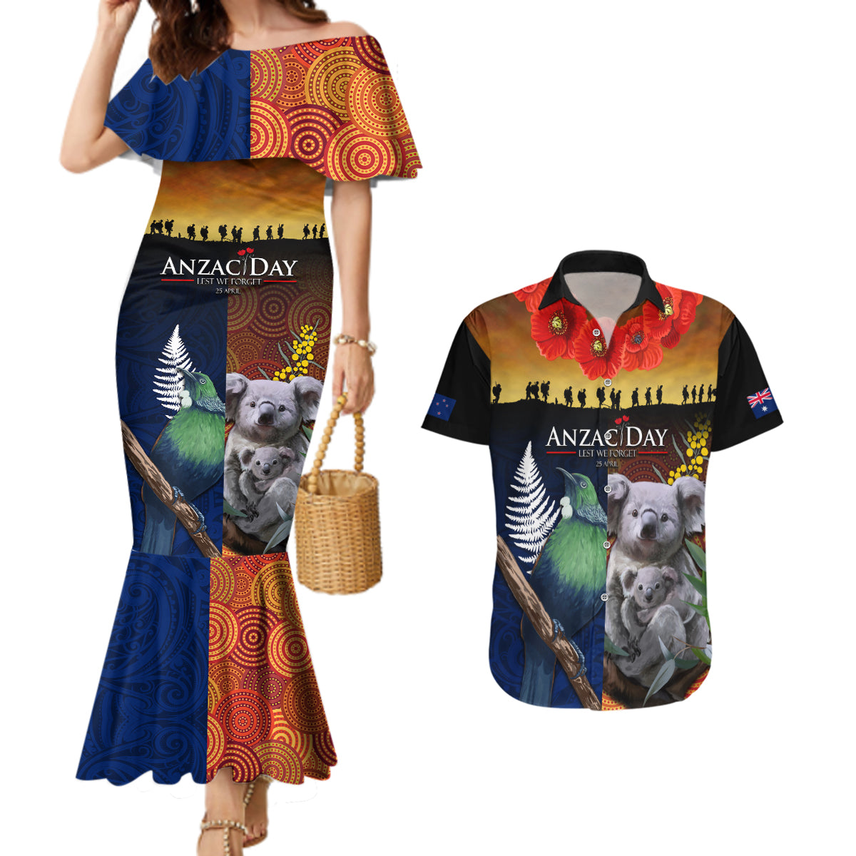 Australia and New Zealand ANZAC Day Couples Matching Mermaid Dress and Hawaiian Shirt Tui Bird and Koala mix Maori and Aboriginal Pattern