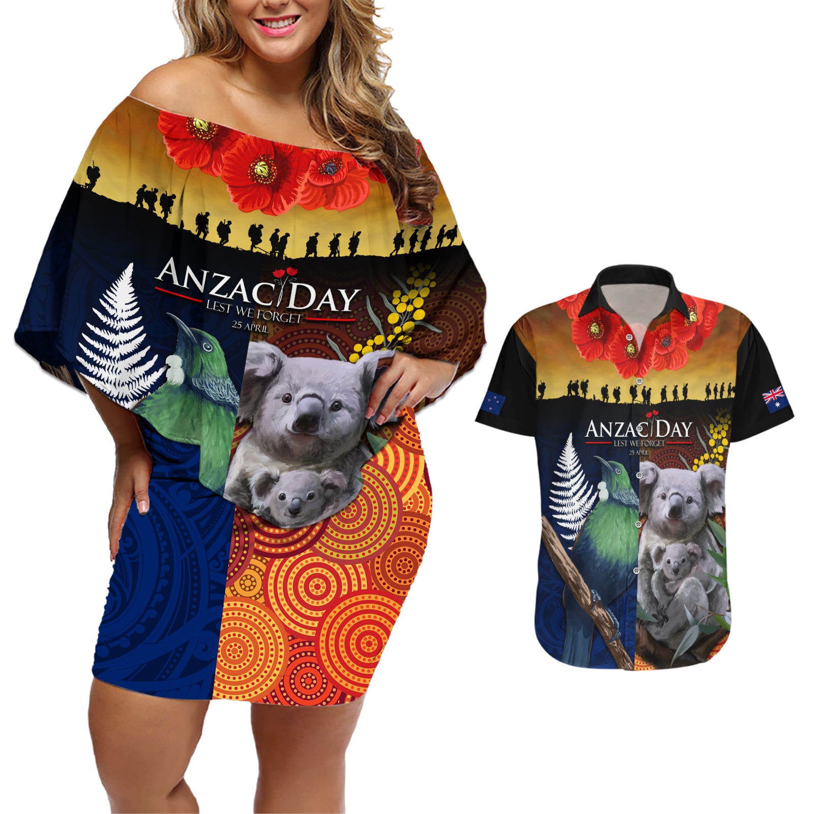 Australia and New Zealand ANZAC Day Couples Matching Off Shoulder Short Dress and Hawaiian Shirt Tui Bird and Koala mix Maori and Aboriginal Pattern