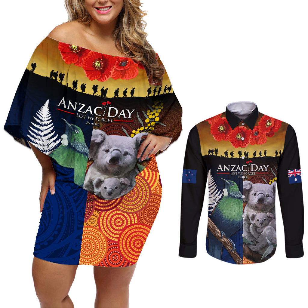 Australia and New Zealand ANZAC Day Couples Matching Off Shoulder Short Dress and Long Sleeve Button Shirt Tui Bird and Koala mix Maori and Aboriginal Pattern