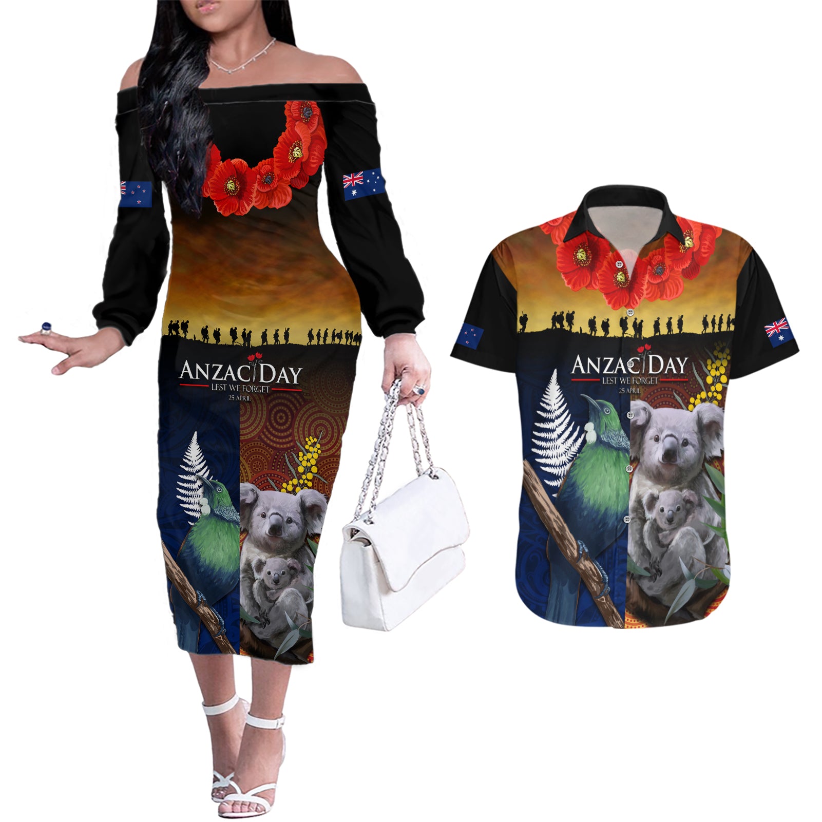 Australia and New Zealand ANZAC Day Couples Matching Off The Shoulder Long Sleeve Dress and Hawaiian Shirt Tui Bird and Koala mix Maori and Aboriginal Pattern