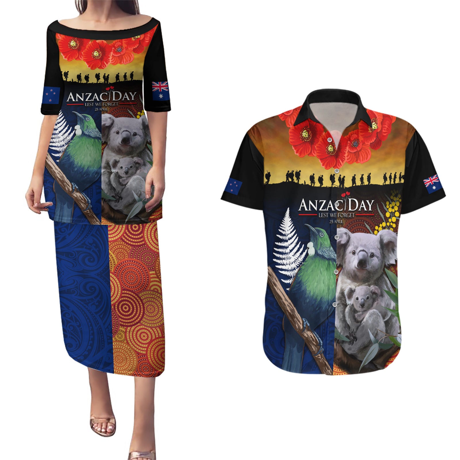 Australia and New Zealand ANZAC Day Couples Matching Puletasi and Hawaiian Shirt Tui Bird and Koala mix Maori and Aboriginal Pattern