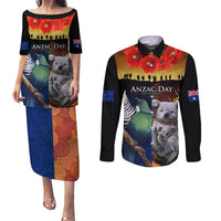 Australia and New Zealand ANZAC Day Couples Matching Puletasi and Long Sleeve Button Shirt Tui Bird and Koala mix Maori and Aboriginal Pattern LT03 Black - Polynesian Pride