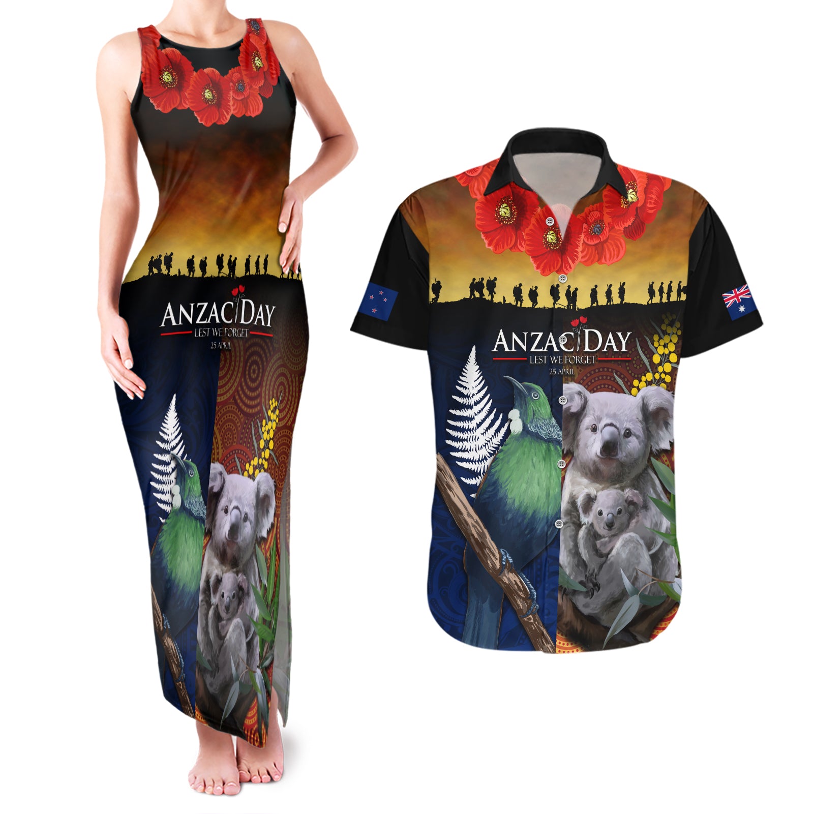 Australia and New Zealand ANZAC Day Couples Matching Tank Maxi Dress and Hawaiian Shirt Tui Bird and Koala mix Maori and Aboriginal Pattern