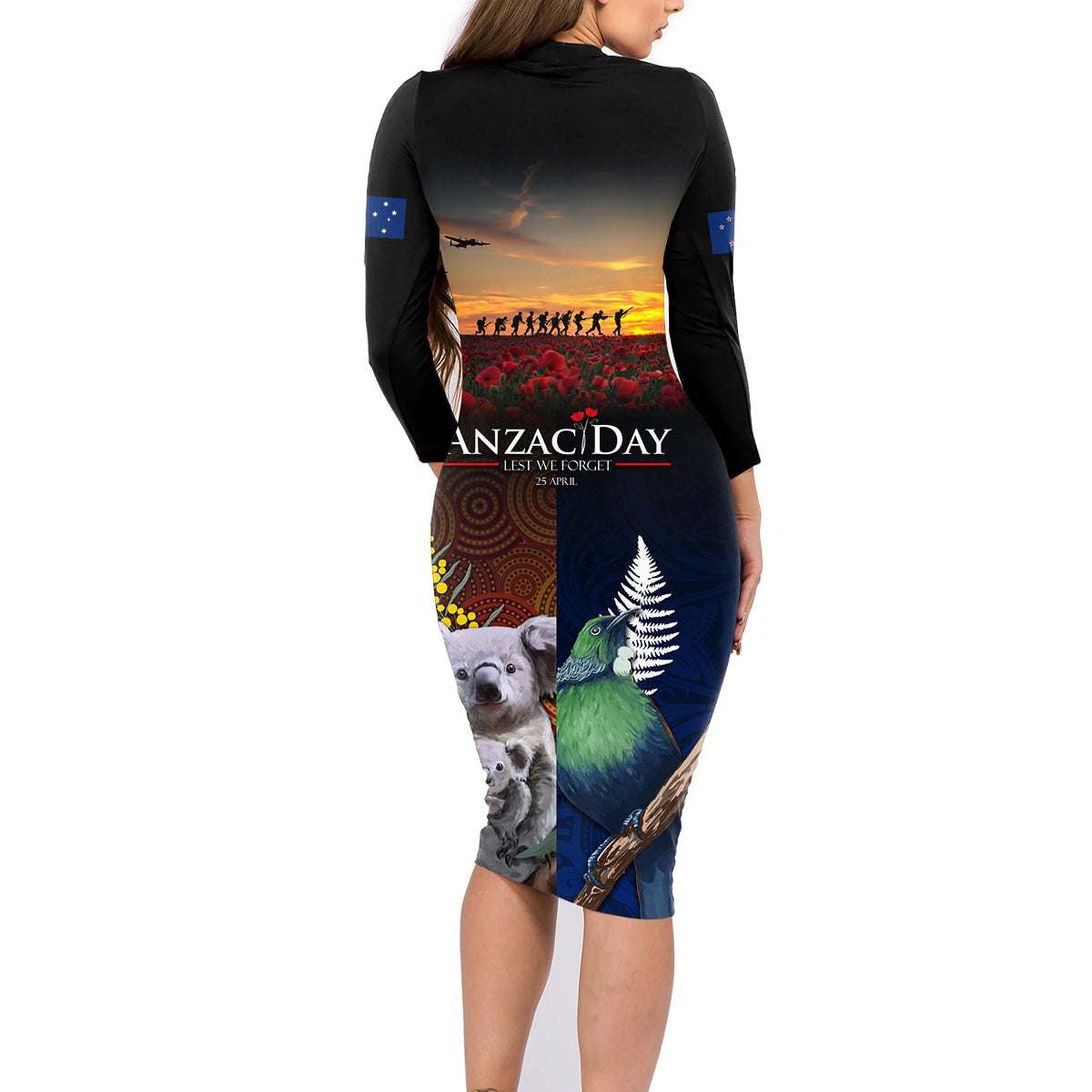 Australia and New Zealand ANZAC Day Family Matching Long Sleeve Bodycon Dress and Hawaiian Shirt Tui Bird and Koala mix Maori and Aboriginal Pattern LT03 - Polynesian Pride