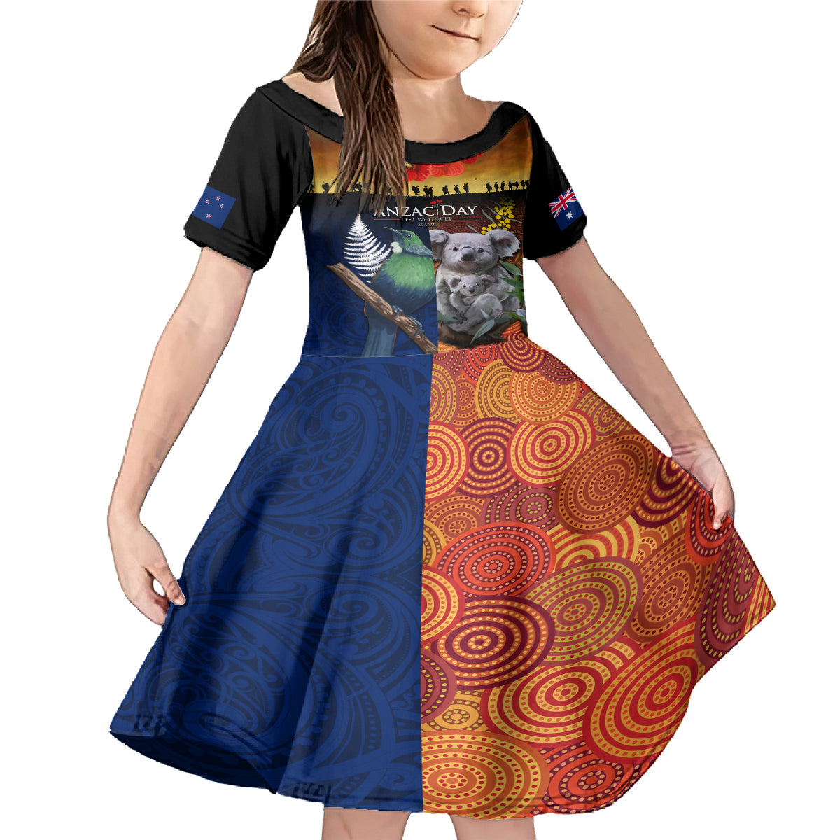 Australia and New Zealand ANZAC Day Family Matching Mermaid Dress and Hawaiian Shirt Tui Bird and Koala mix Maori and Aboriginal Pattern LT03 Daughter's Dress Black - Polynesian Pride
