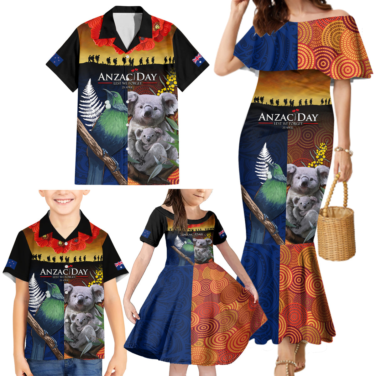 Australia and New Zealand ANZAC Day Family Matching Mermaid Dress and Hawaiian Shirt Tui Bird and Koala mix Maori and Aboriginal Pattern LT03 - Polynesian Pride