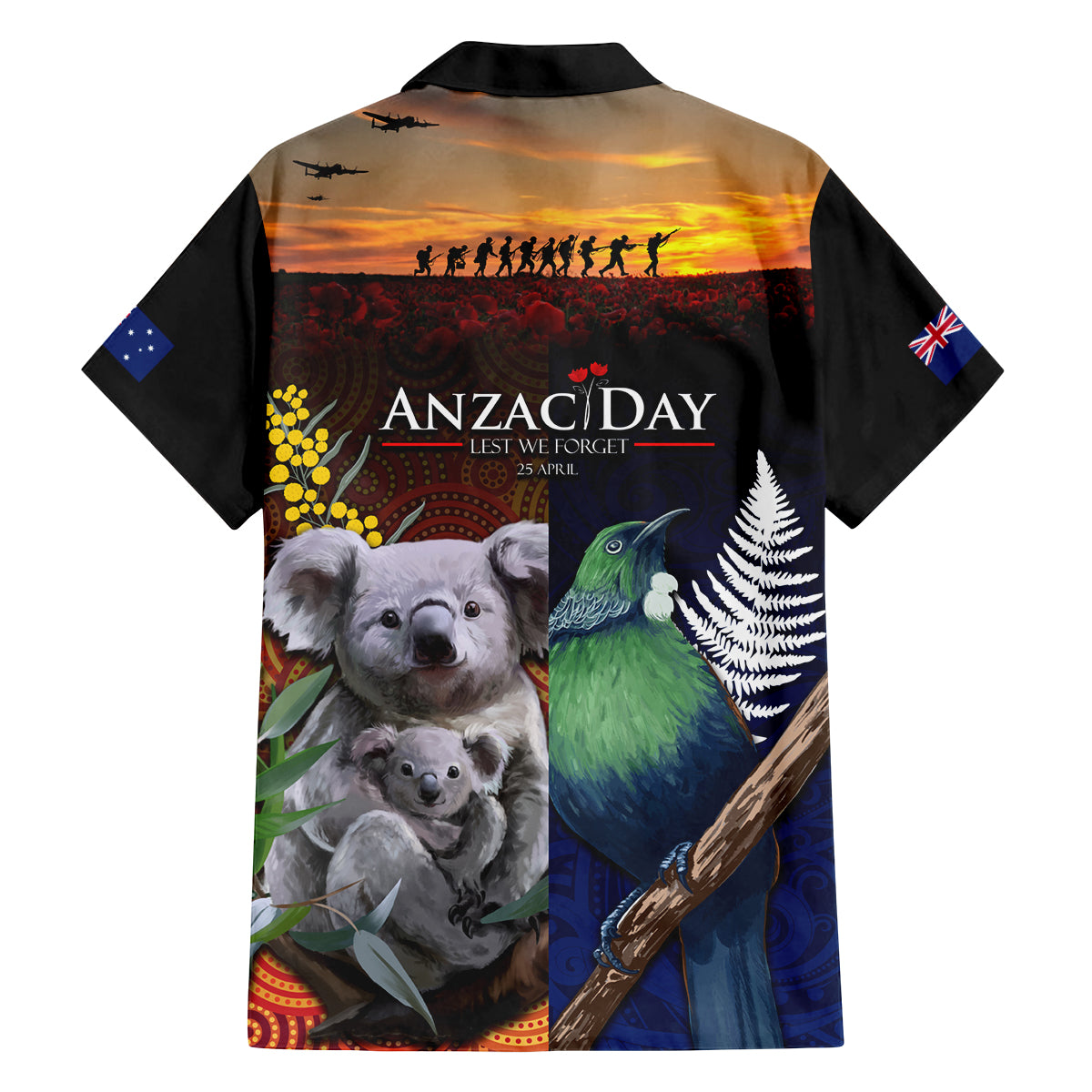 Australia and New Zealand ANZAC Day Family Matching Off The Shoulder Long Sleeve Dress and Hawaiian Shirt Tui Bird and Koala mix Maori and Aboriginal Pattern
