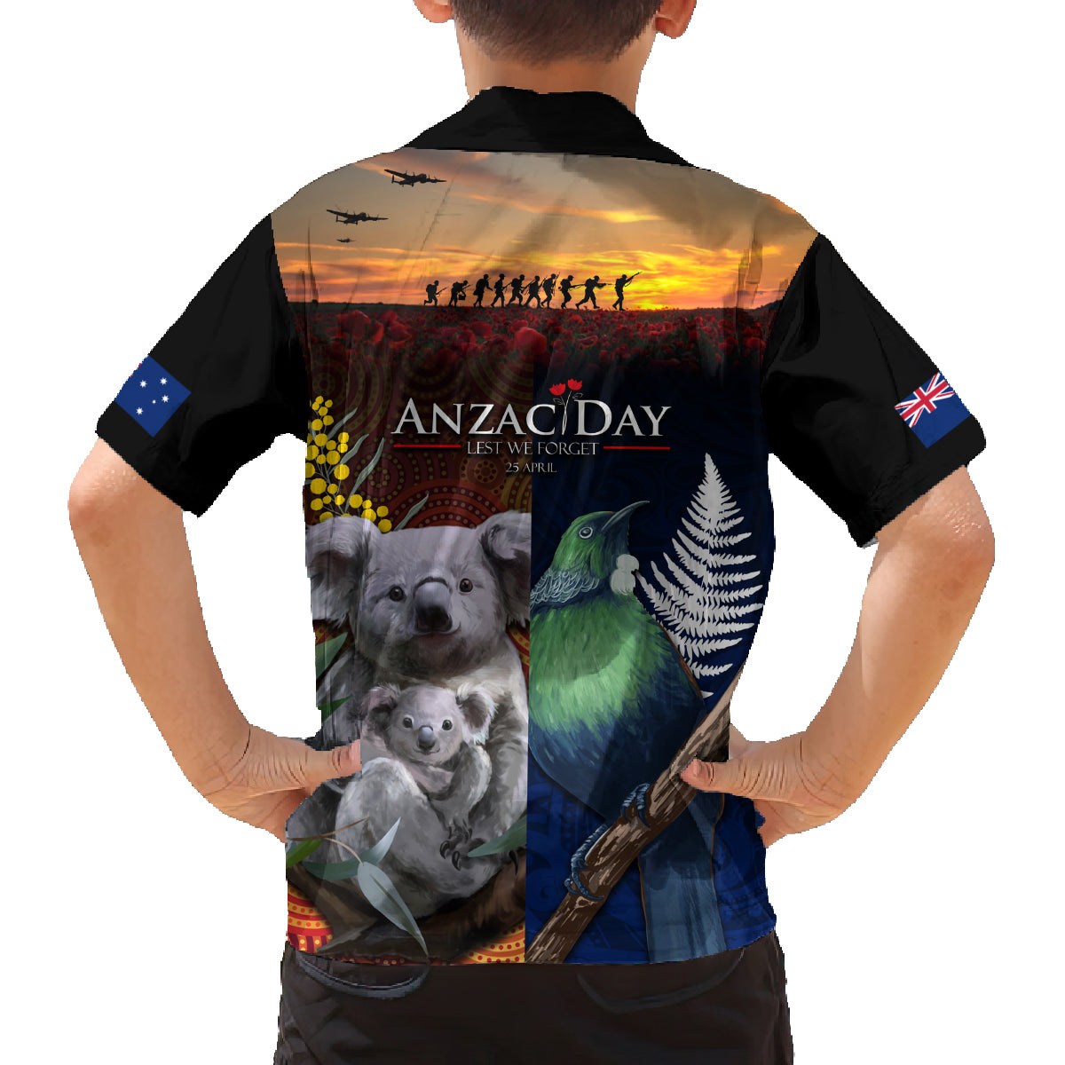Australia and New Zealand ANZAC Day Family Matching Off Shoulder Maxi Dress and Hawaiian Shirt Tui Bird and Koala mix Maori and Aboriginal Pattern LT03 - Polynesian Pride
