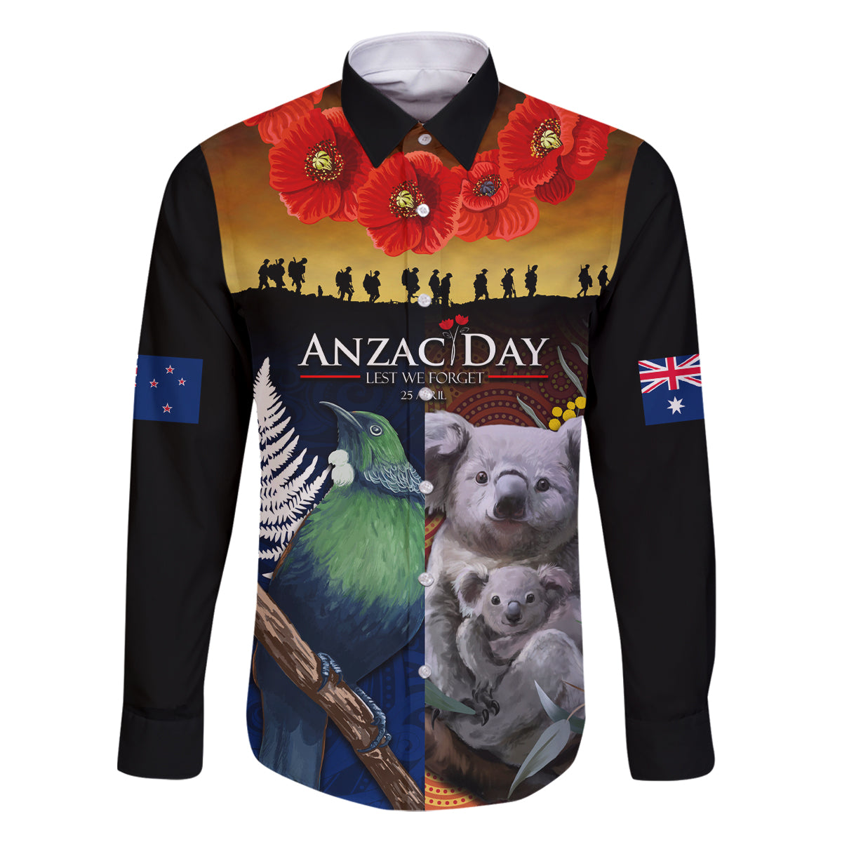 Australia and New Zealand ANZAC Day Family Matching Off Shoulder Maxi Dress and Hawaiian Shirt Tui Bird and Koala mix Maori and Aboriginal Pattern LT03 Dad's Shirt - Long Sleeve Black - Polynesian Pride