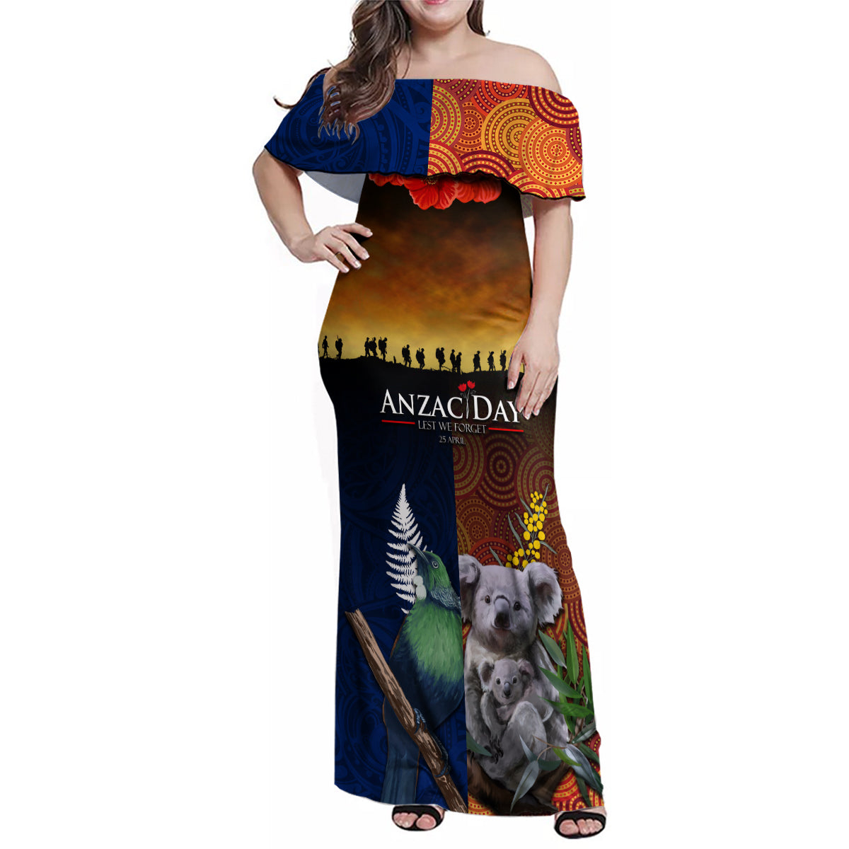 Australia and New Zealand ANZAC Day Family Matching Off Shoulder Maxi Dress and Hawaiian Shirt Tui Bird and Koala mix Maori and Aboriginal Pattern LT03 Mom's Dress Black - Polynesian Pride