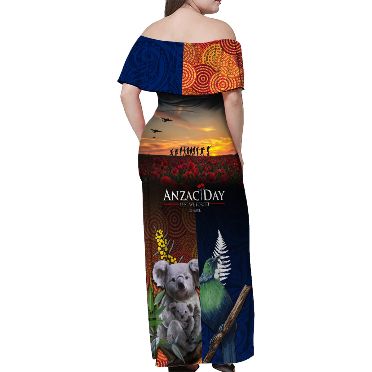 Australia and New Zealand ANZAC Day Family Matching Off Shoulder Maxi Dress and Hawaiian Shirt Tui Bird and Koala mix Maori and Aboriginal Pattern LT03 - Polynesian Pride