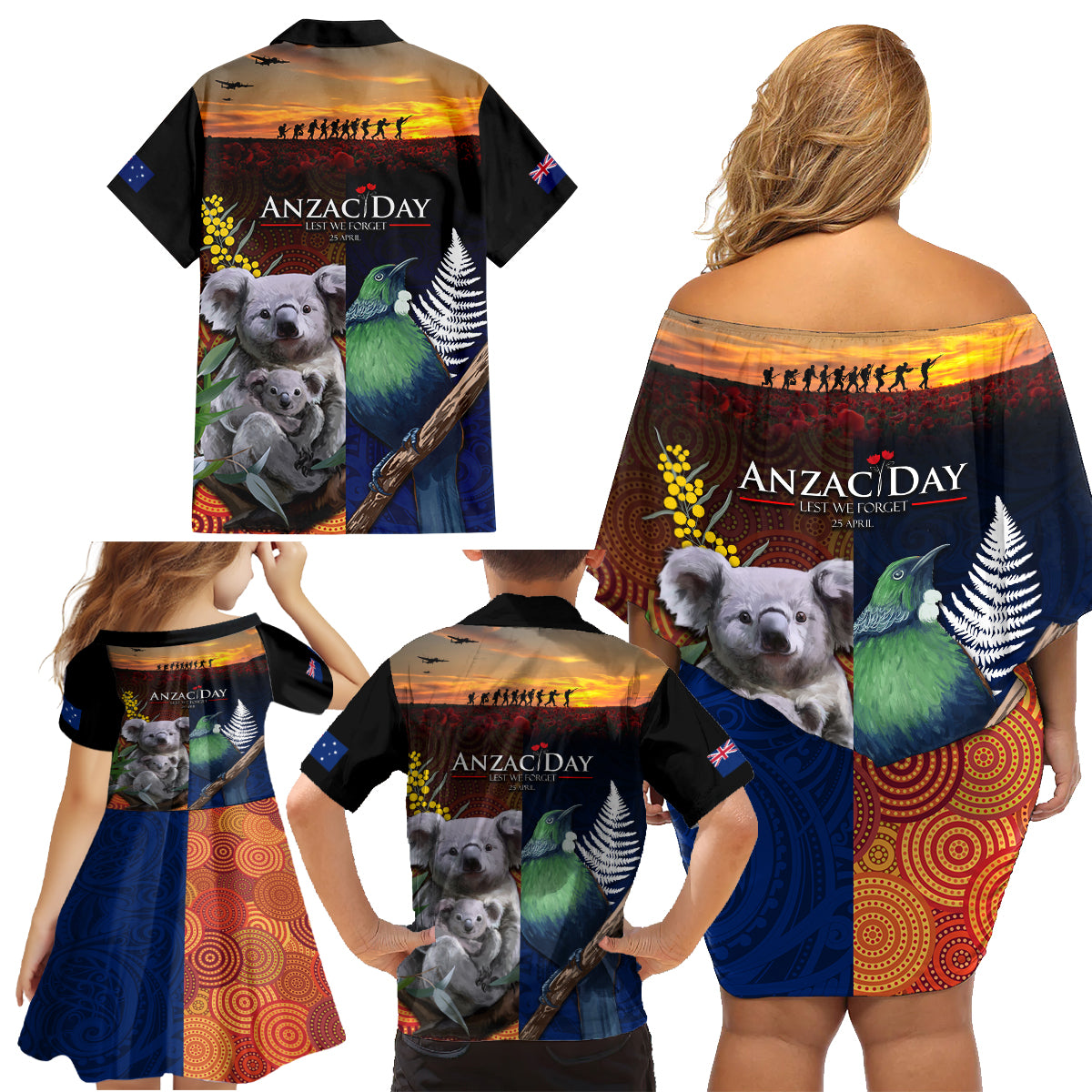 Australia and New Zealand ANZAC Day Family Matching Off Shoulder Short Dress and Hawaiian Shirt Tui Bird and Koala mix Maori and Aboriginal Pattern LT03 - Polynesian Pride