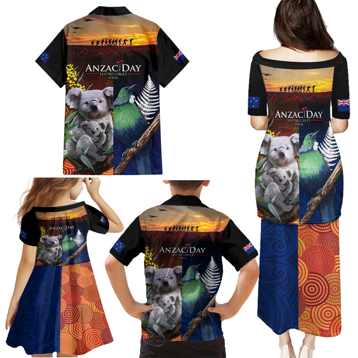 Australia and New Zealand ANZAC Day Family Matching Puletasi and Hawaiian Shirt Tui Bird and Koala mix Maori and Aboriginal Pattern LT03 - Polynesian Pride