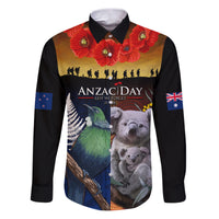 Australia and New Zealand ANZAC Day Family Matching Puletasi and Hawaiian Shirt Tui Bird and Koala mix Maori and Aboriginal Pattern LT03 Dad's Shirt - Long Sleeve Black - Polynesian Pride