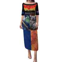 Australia and New Zealand ANZAC Day Family Matching Puletasi and Hawaiian Shirt Tui Bird and Koala mix Maori and Aboriginal Pattern LT03 Mom's Dress Black - Polynesian Pride