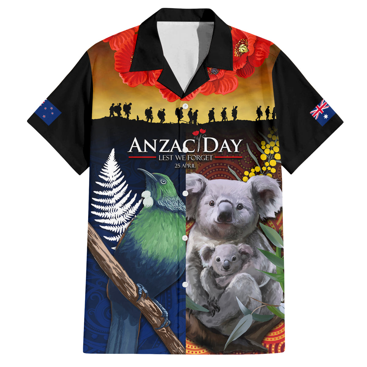 Australia and New Zealand ANZAC Day Family Matching Summer Maxi Dress and Hawaiian Shirt Tui Bird and Koala mix Maori and Aboriginal Pattern LT03 Dad's Shirt - Short Sleeve Black - Polynesian Pride