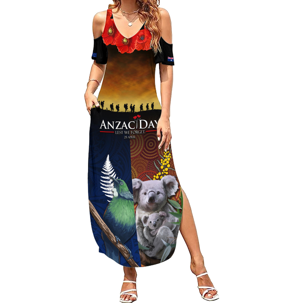 Australia and New Zealand ANZAC Day Family Matching Summer Maxi Dress and Hawaiian Shirt Tui Bird and Koala mix Maori and Aboriginal Pattern LT03 Mom's Dress Black - Polynesian Pride