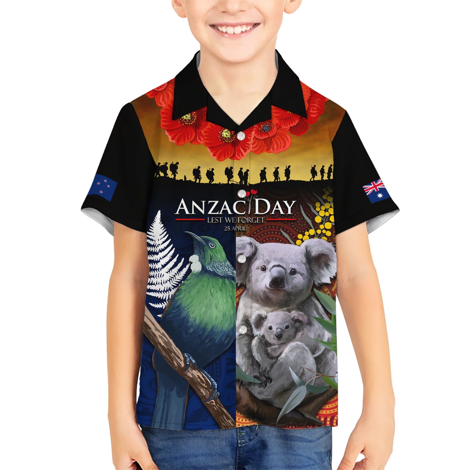 Australia and New Zealand ANZAC Day Kid Hawaiian Shirt Tui Bird and Koala mix Maori and Aboriginal Pattern