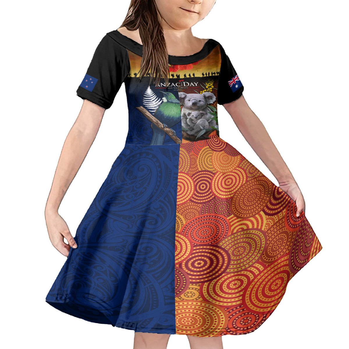 Australia and New Zealand ANZAC Day Kid Short Sleeve Dress Tui Bird and Koala mix Maori and Aboriginal Pattern