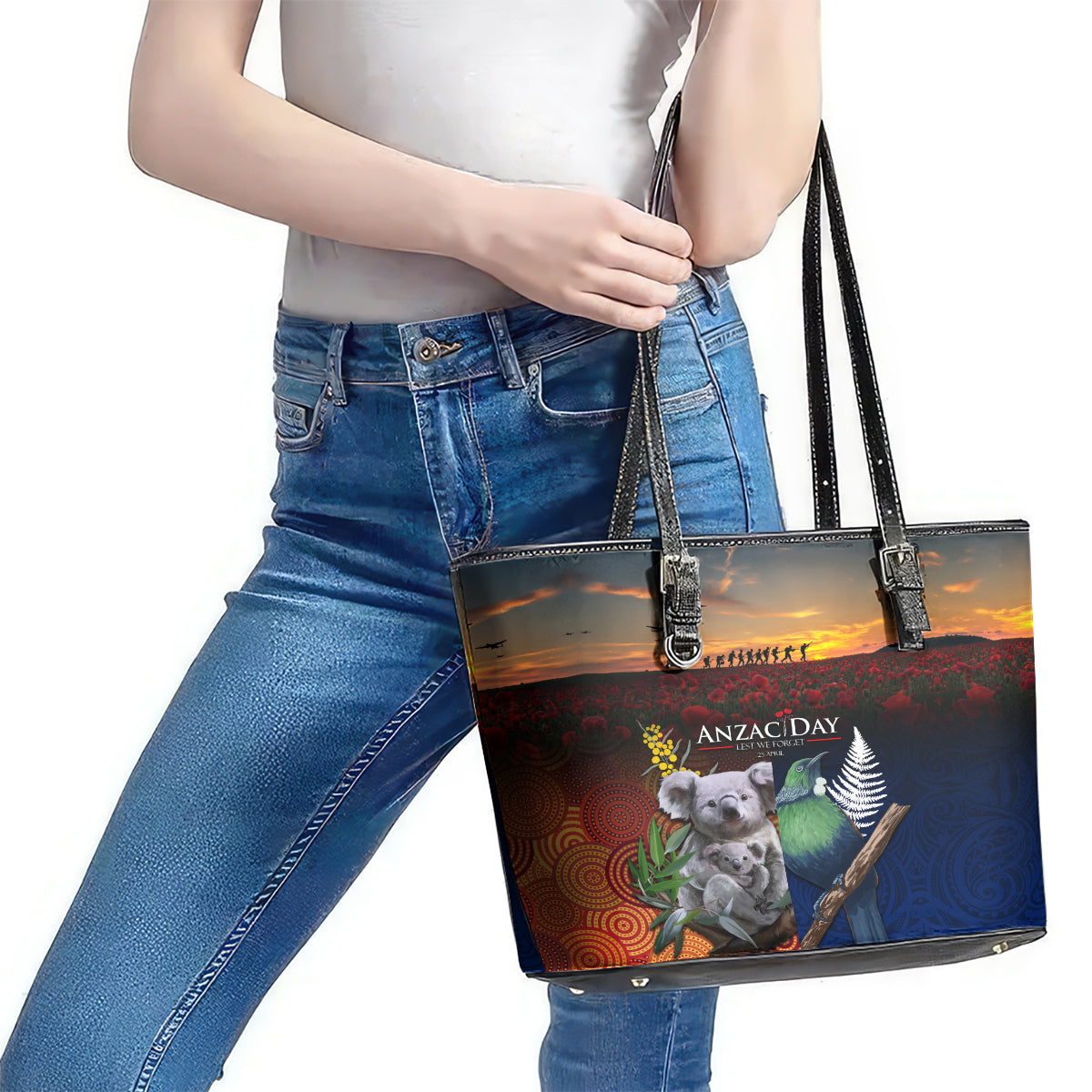 Australia and New Zealand ANZAC Day Leather Tote Bag Tui Bird and Koala mix Maori and Aboriginal Pattern LT03 - Polynesian Pride