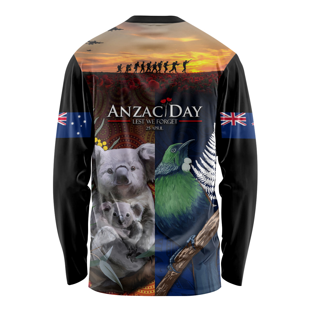 Australia and New Zealand ANZAC Day Long Sleeve Shirt Tui Bird and Koala mix Maori and Aboriginal Pattern LT03 - Polynesian Pride