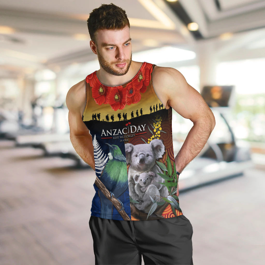 Australia and New Zealand ANZAC Day Men Tank Top Tui Bird and Koala mix Maori and Aboriginal Pattern LT03 Black - Polynesian Pride
