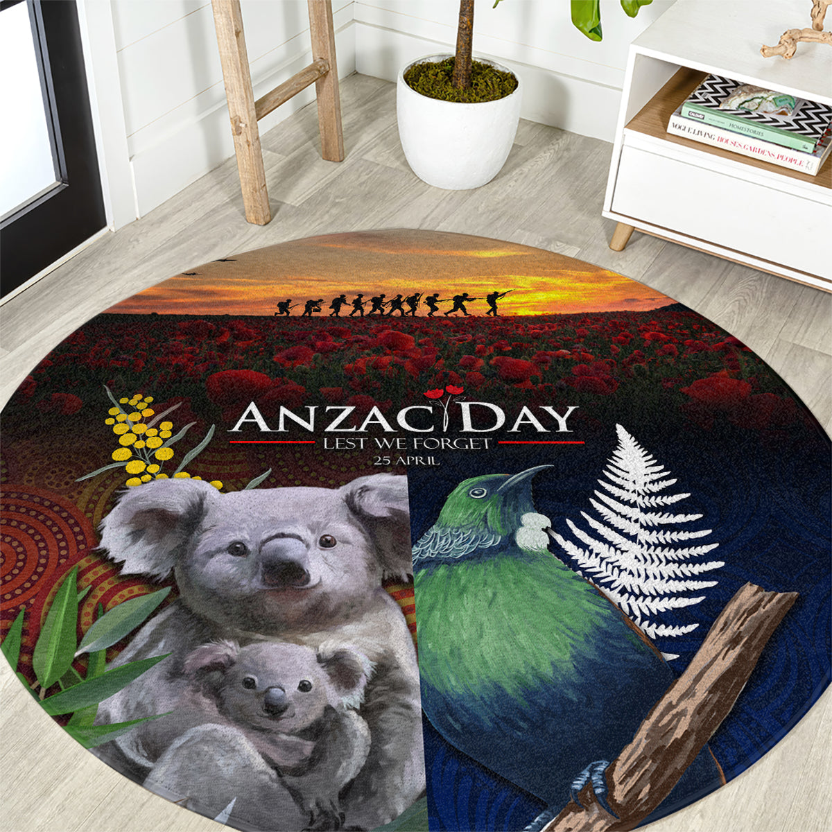 Australia and New Zealand ANZAC Day Round Carpet Tui Bird and Koala mix Maori and Aboriginal Pattern