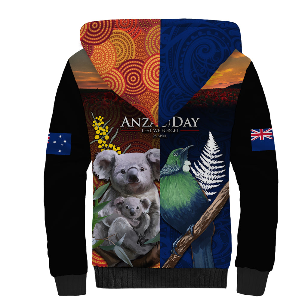 Australia and New Zealand ANZAC Day Sherpa Hoodie Tui Bird and Koala mix Maori and Aboriginal Pattern