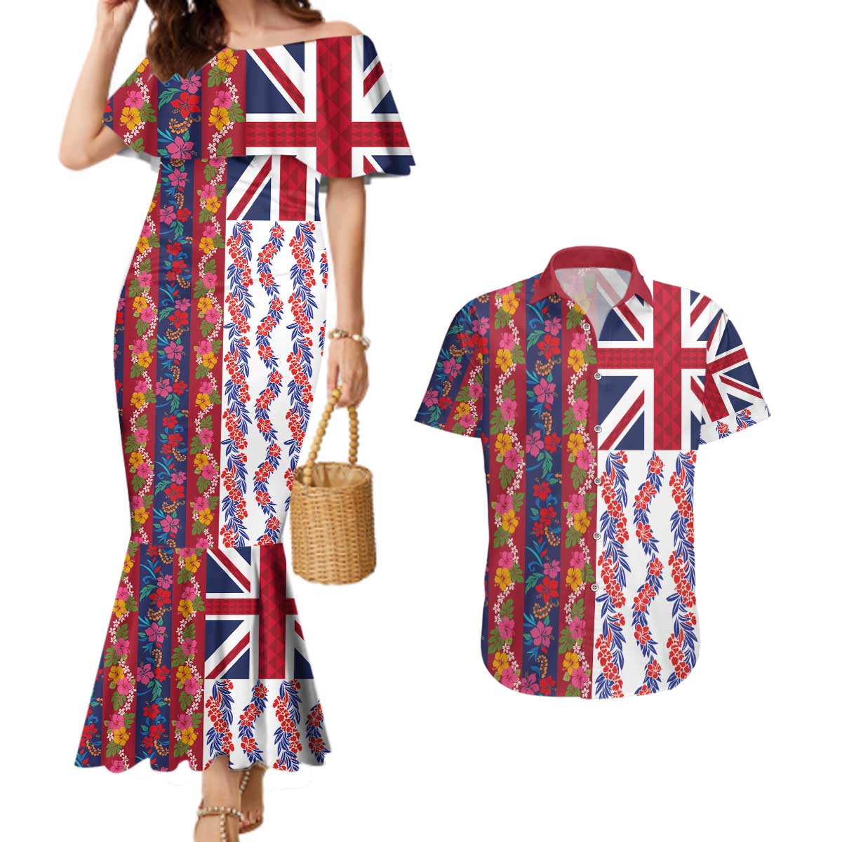 Hawaiian Lei Couples Matching Mermaid Dress and Hawaiian Shirt National Flag Striped Style