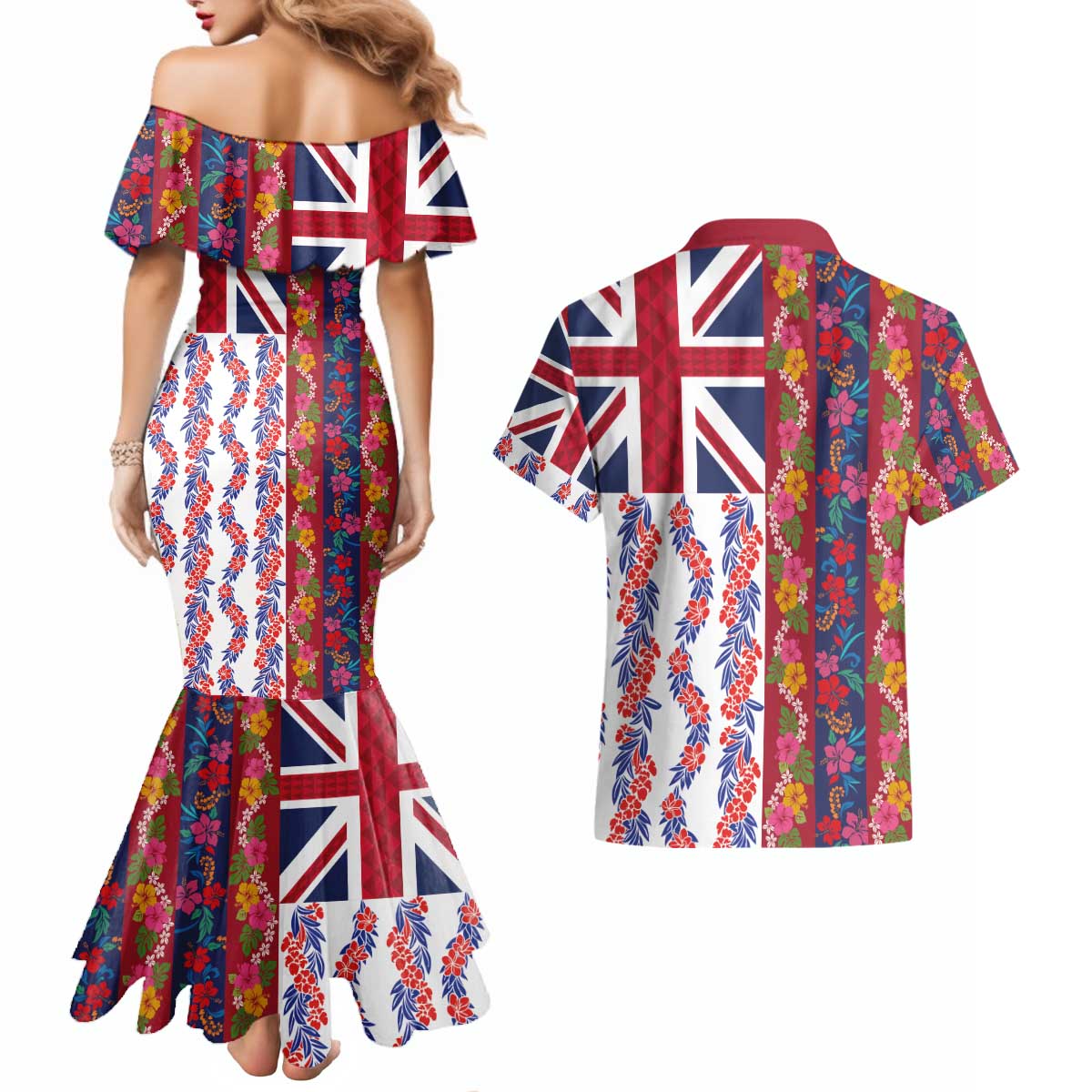 Hawaiian Lei Couples Matching Mermaid Dress and Hawaiian Shirt National Flag Striped Style